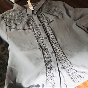 Grey Sheer Embroidered Button Down